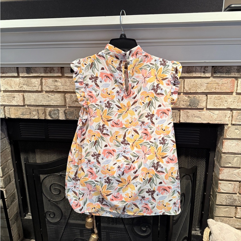 Ruffled Mock-Neck Floral Blouse - White with Yellow & Pink - Picture 4 of 5